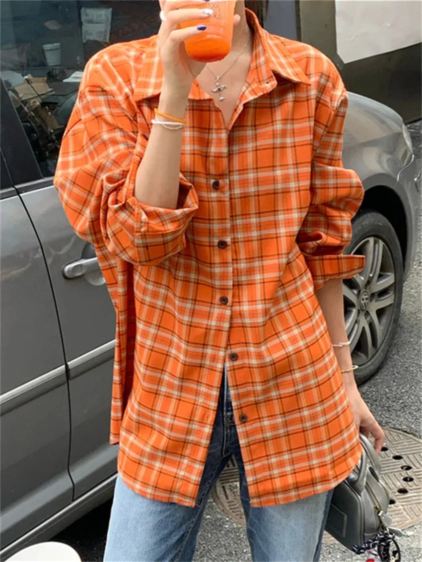 KYLETHOMASW  -   Autumn Plaid Women Shirts New Loose Plaid Chic Casual Gentle All Match Daily 2024 Vintage Coats High Street Slim