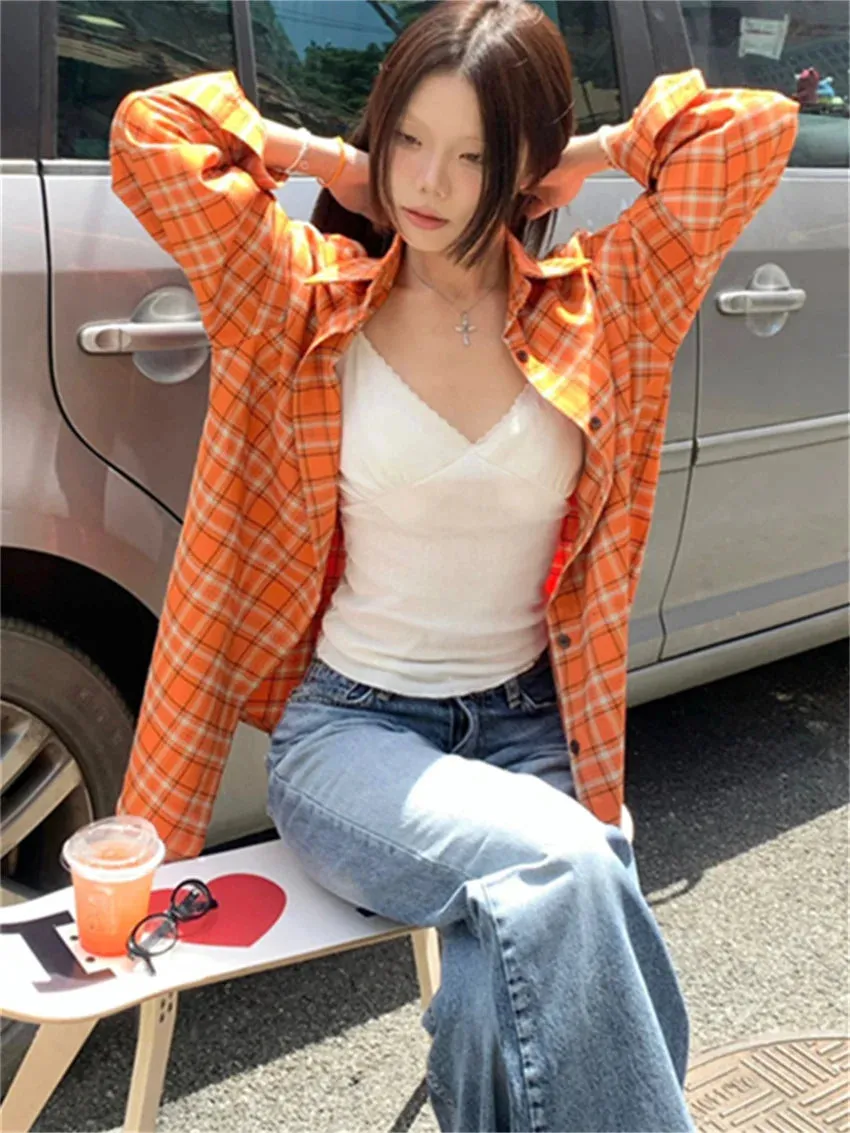 KYLETHOMASW  -   Autumn Plaid Women Shirts New Loose Plaid Chic Casual Gentle All Match Daily 2024 Vintage Coats High Street Slim