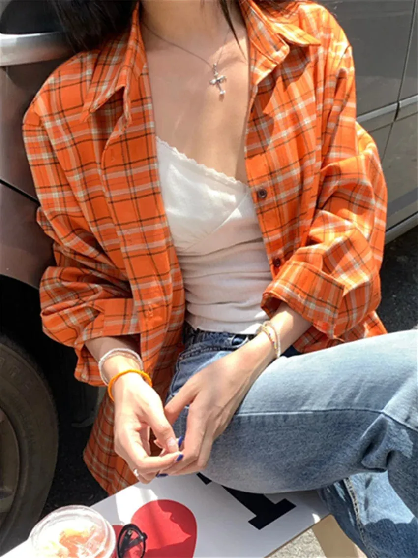 KYLETHOMASW  -   Autumn Plaid Women Shirts New Loose Plaid Chic Casual Gentle All Match Daily 2024 Vintage Coats High Street Slim