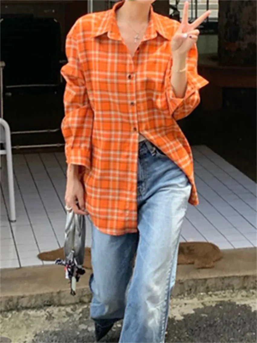 KYLETHOMASW  -   Autumn Plaid Women Shirts New Loose Plaid Chic Casual Gentle All Match Daily 2024 Vintage Coats High Street Slim