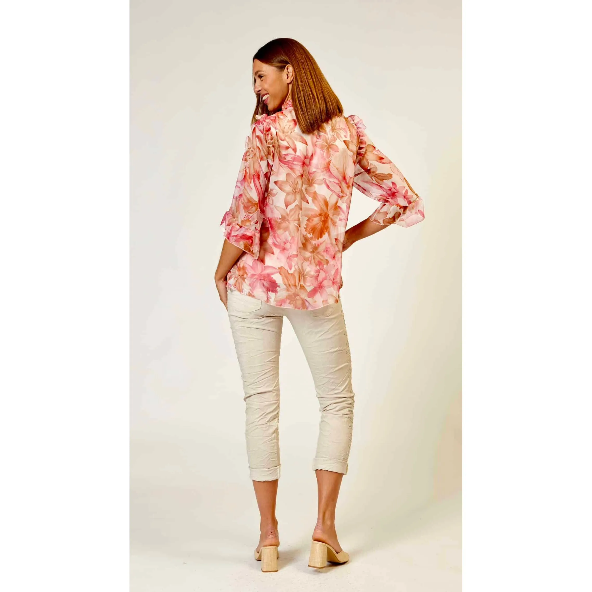 La Strada - Chiffon Frilled Collar Top Blush Orchid Floral