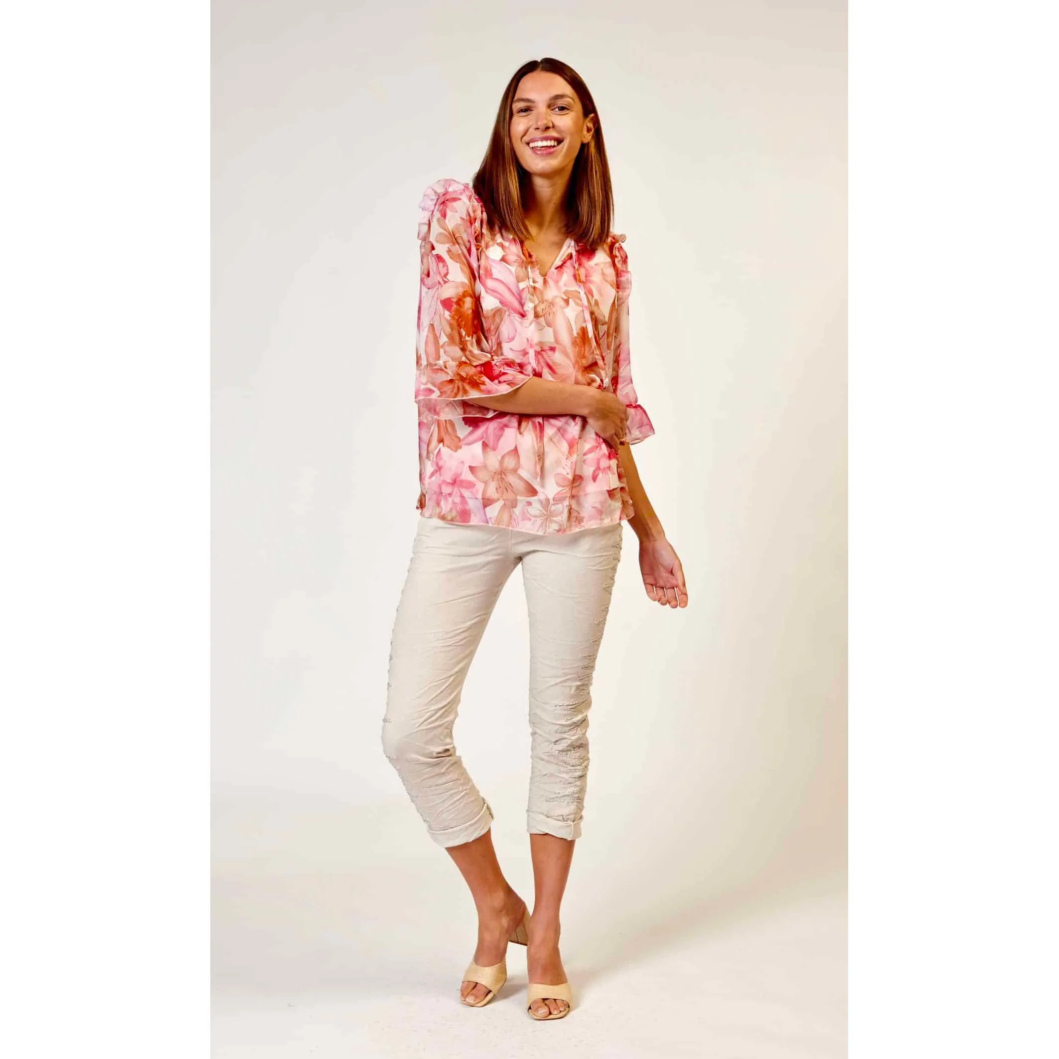 La Strada - Chiffon Frilled Collar Top Blush Orchid Floral