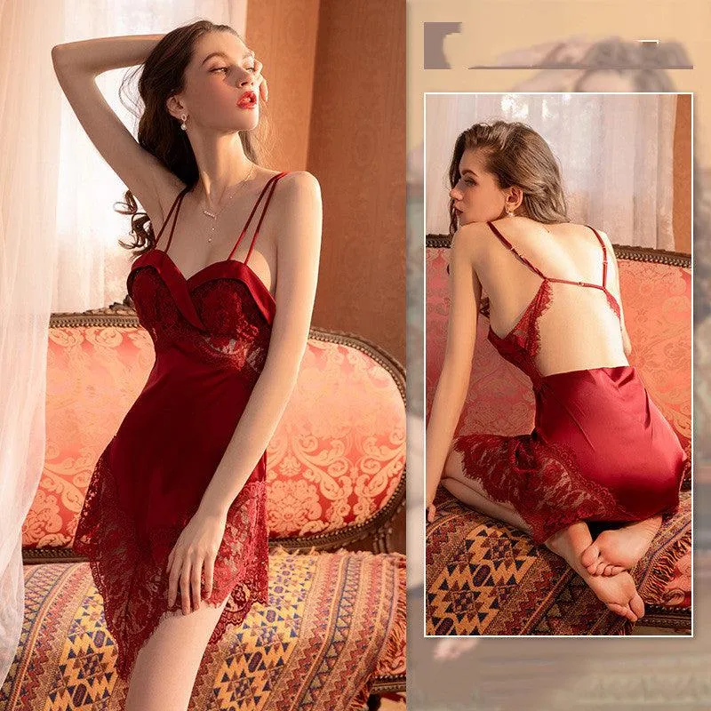 Ladies Loungewear Plus Size Sling Lace Satin Nightdress