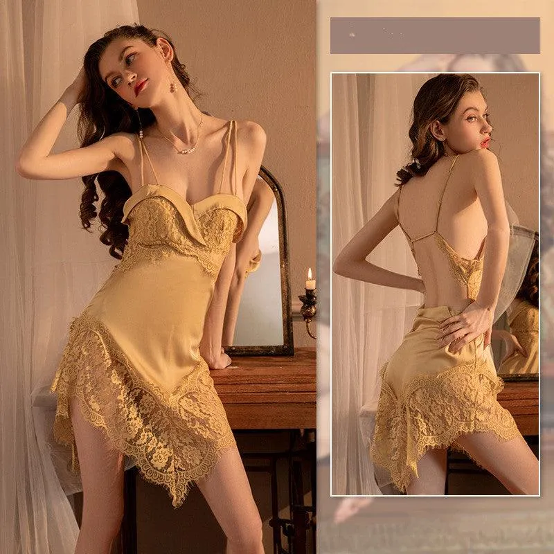 Ladies Loungewear Plus Size Sling Lace Satin Nightdress