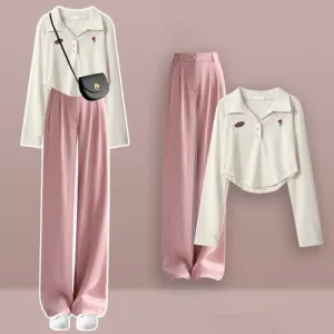Lapel Embroidery Crop Top T-Shirt Casual Pants Set