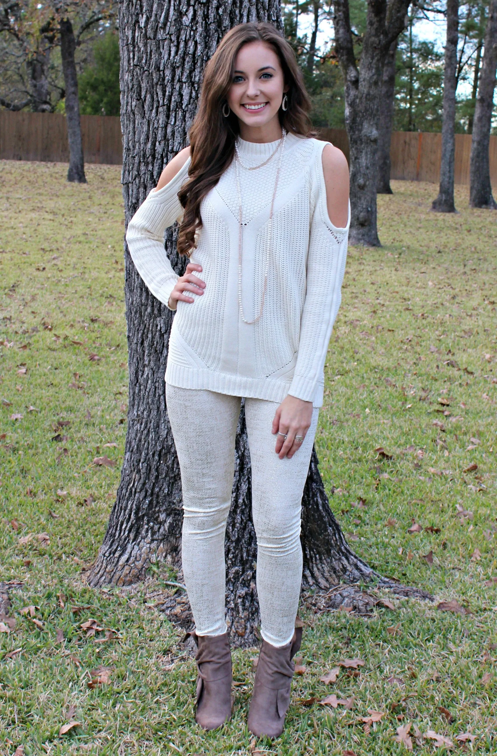 Last Chance Size Medium | Favorite Time Cold Shoulder Cable Knit Sweater in Ivory