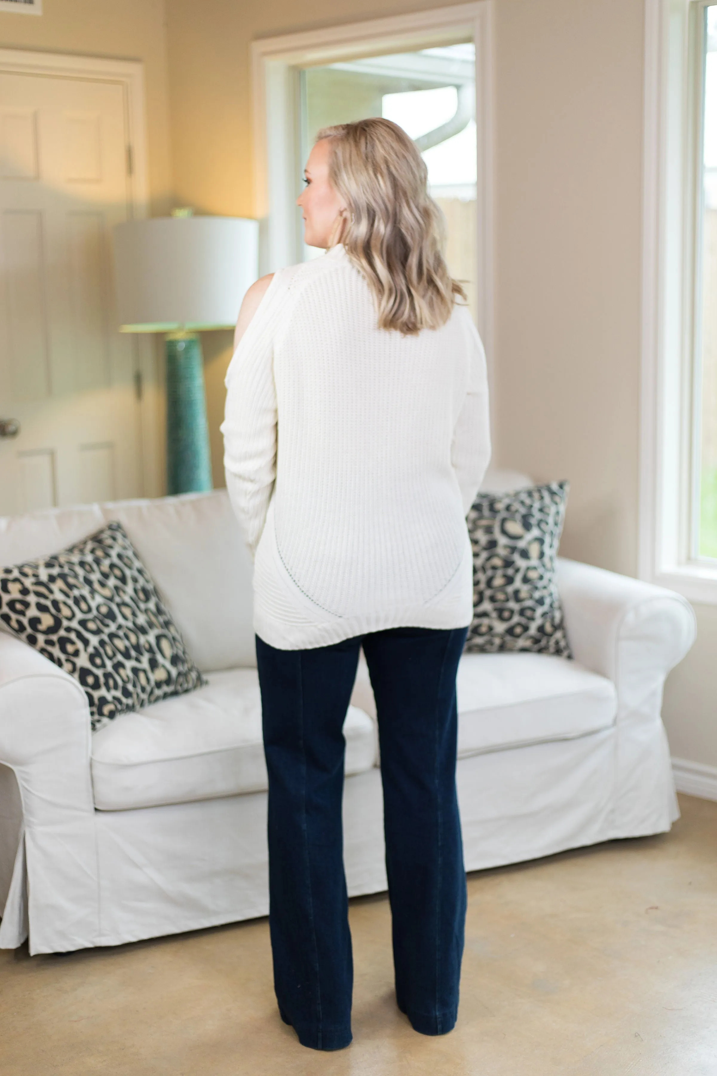 Last Chance Size Medium | Favorite Time Cold Shoulder Cable Knit Sweater in Ivory