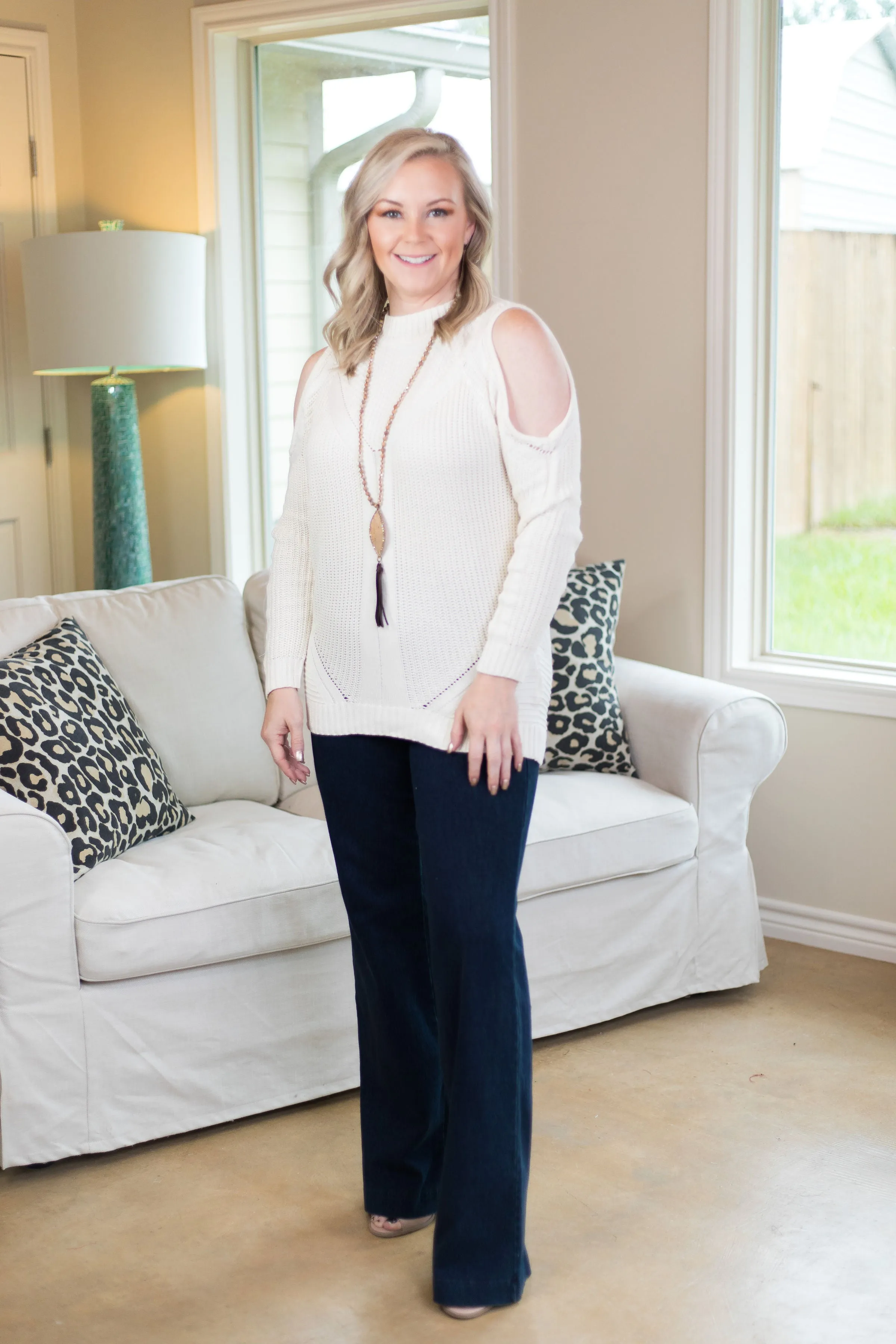 Last Chance Size Medium | Favorite Time Cold Shoulder Cable Knit Sweater in Ivory