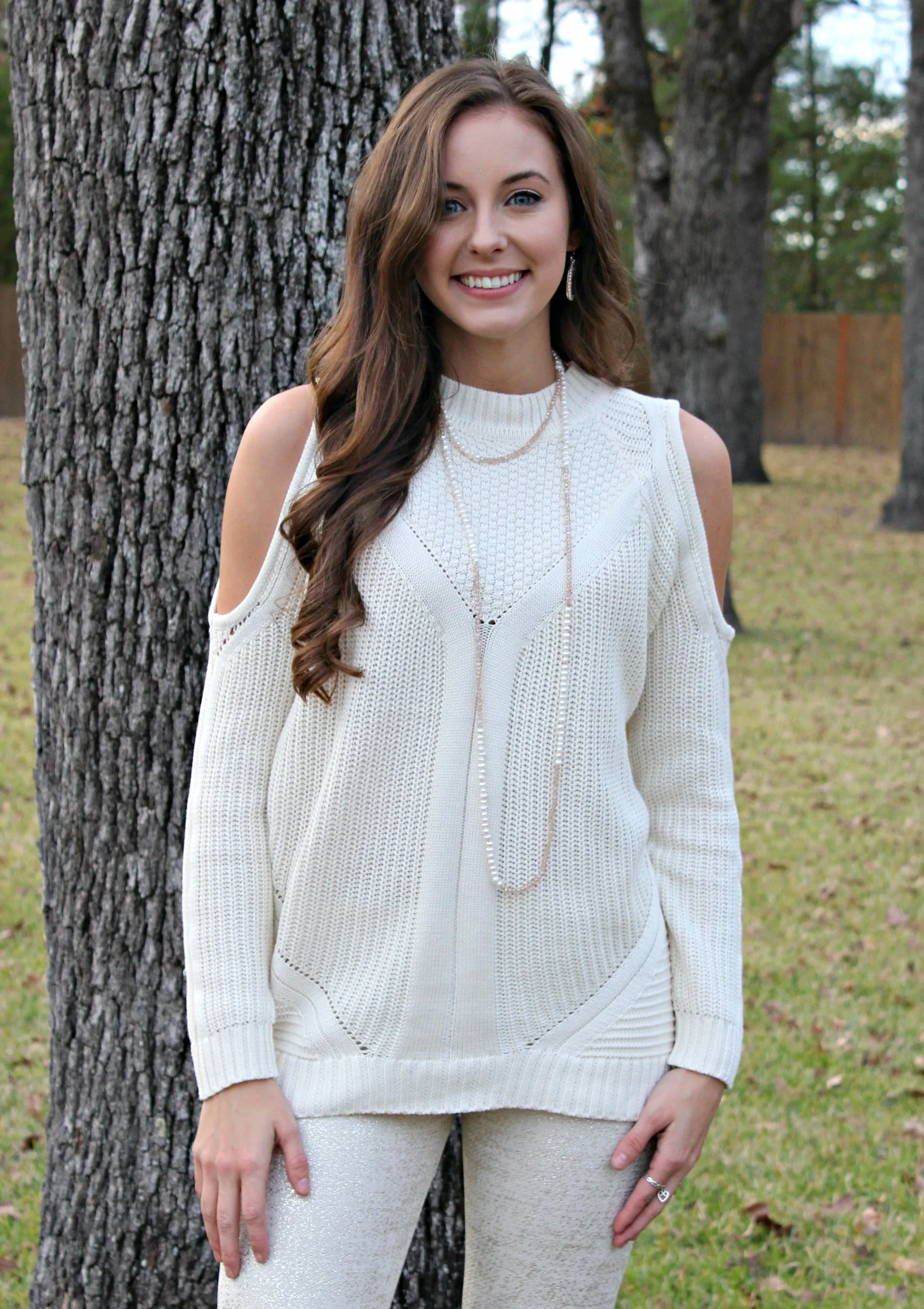 Last Chance Size Medium | Favorite Time Cold Shoulder Cable Knit Sweater in Ivory