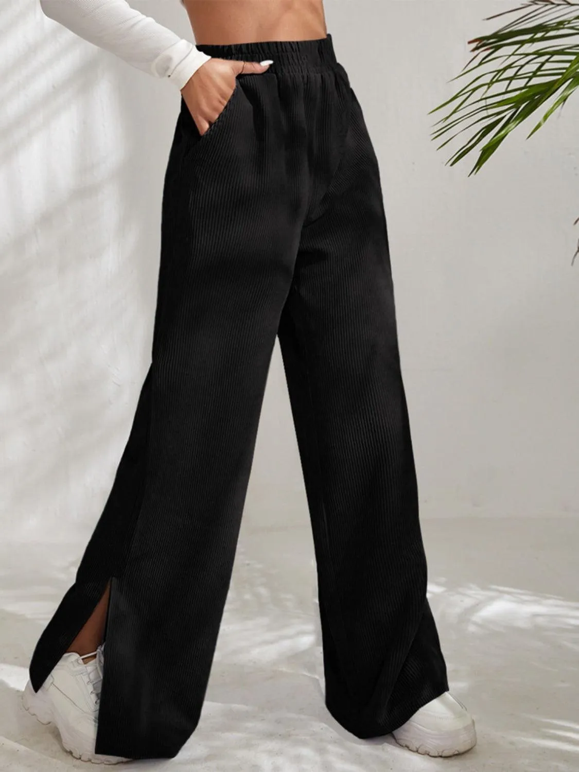 Leisure Chic Slit Elastic Waist Wide Leg Pants