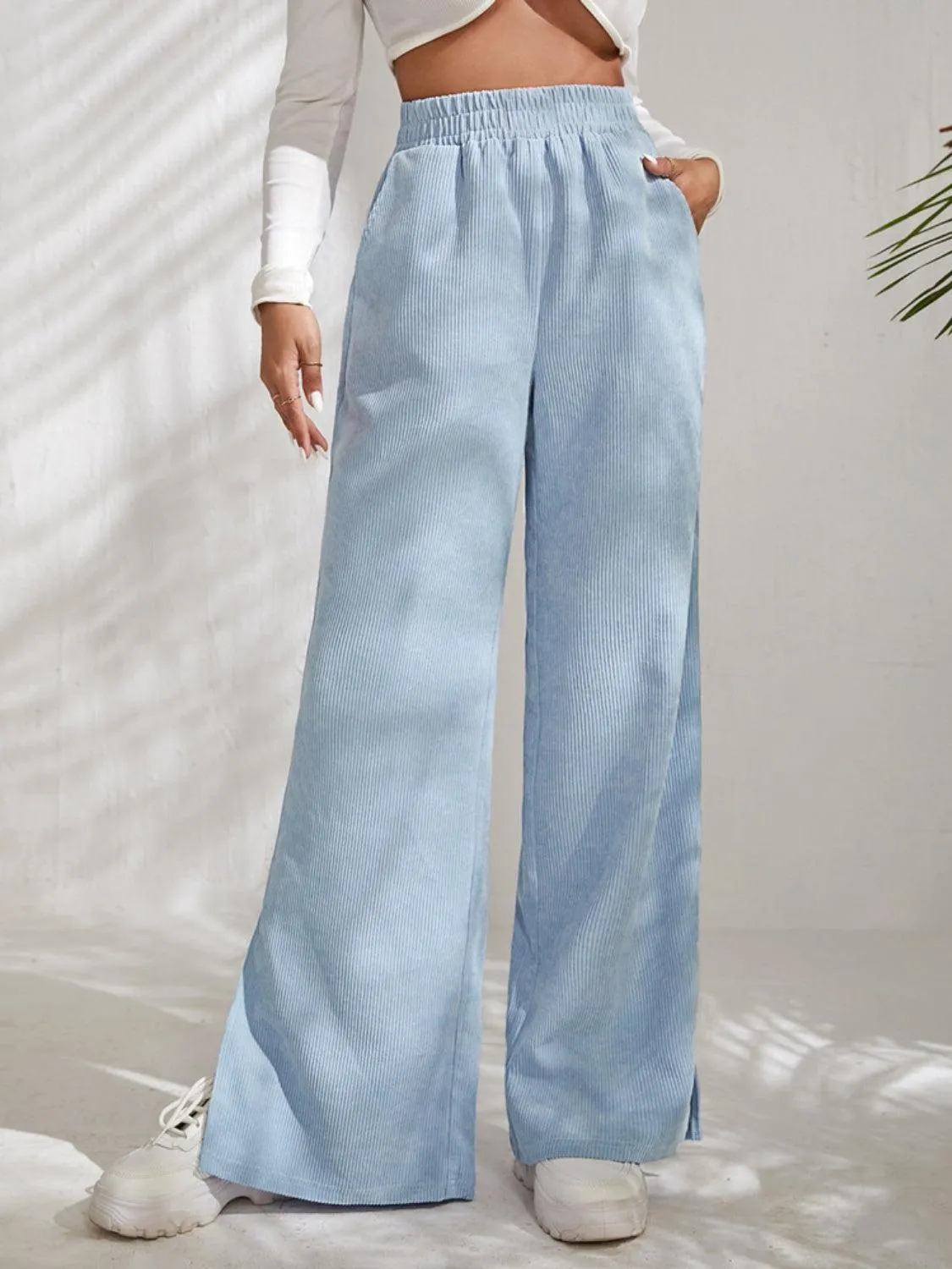 Leisure Chic Slit Elastic Waist Wide Leg Pants