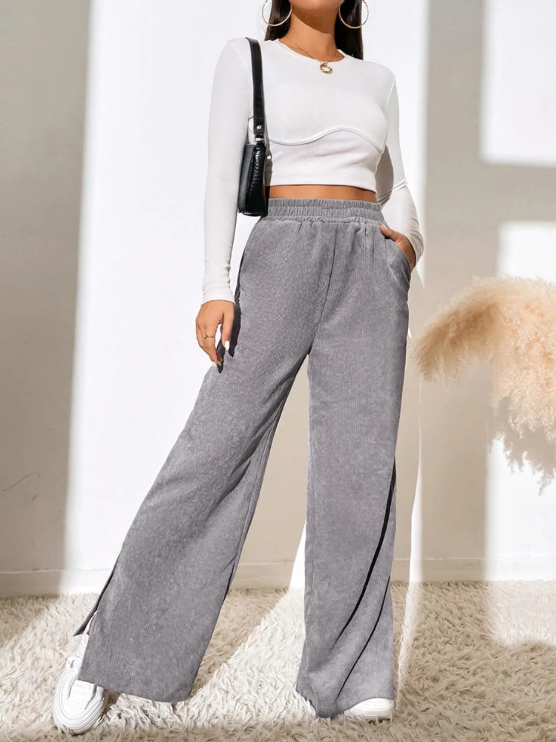 Leisure Chic Slit Elastic Waist Wide Leg Pants