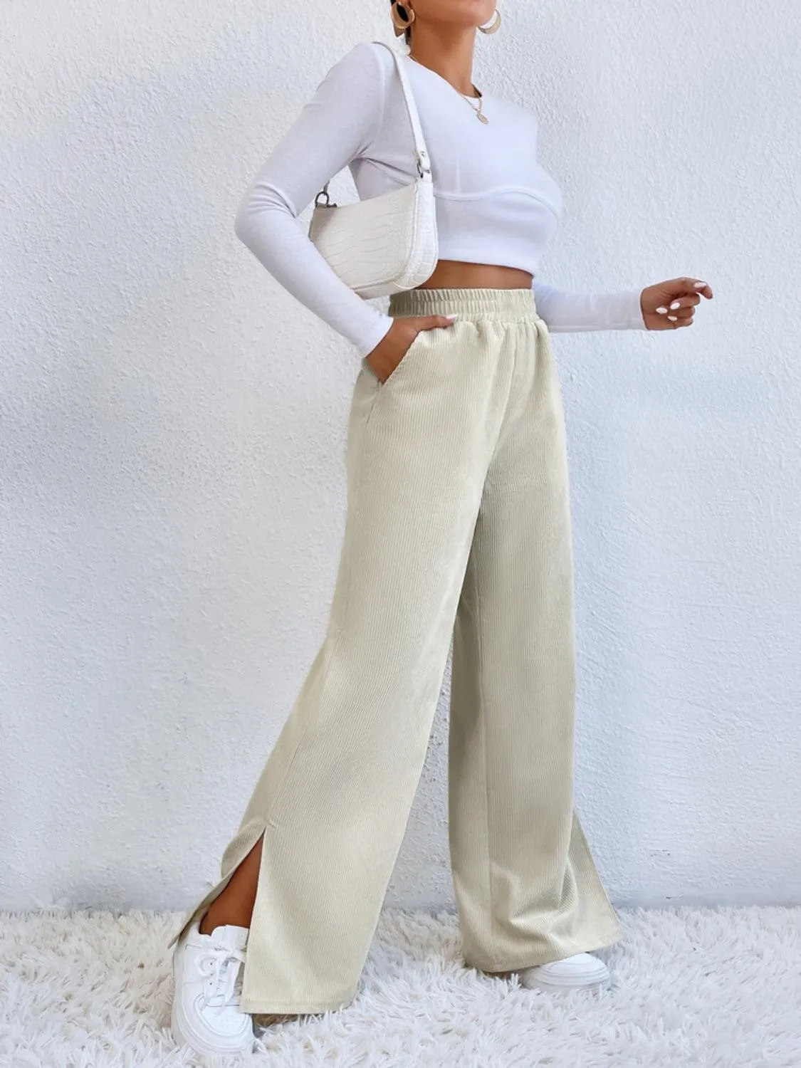 Leisure Chic Slit Elastic Waist Wide Leg Pants