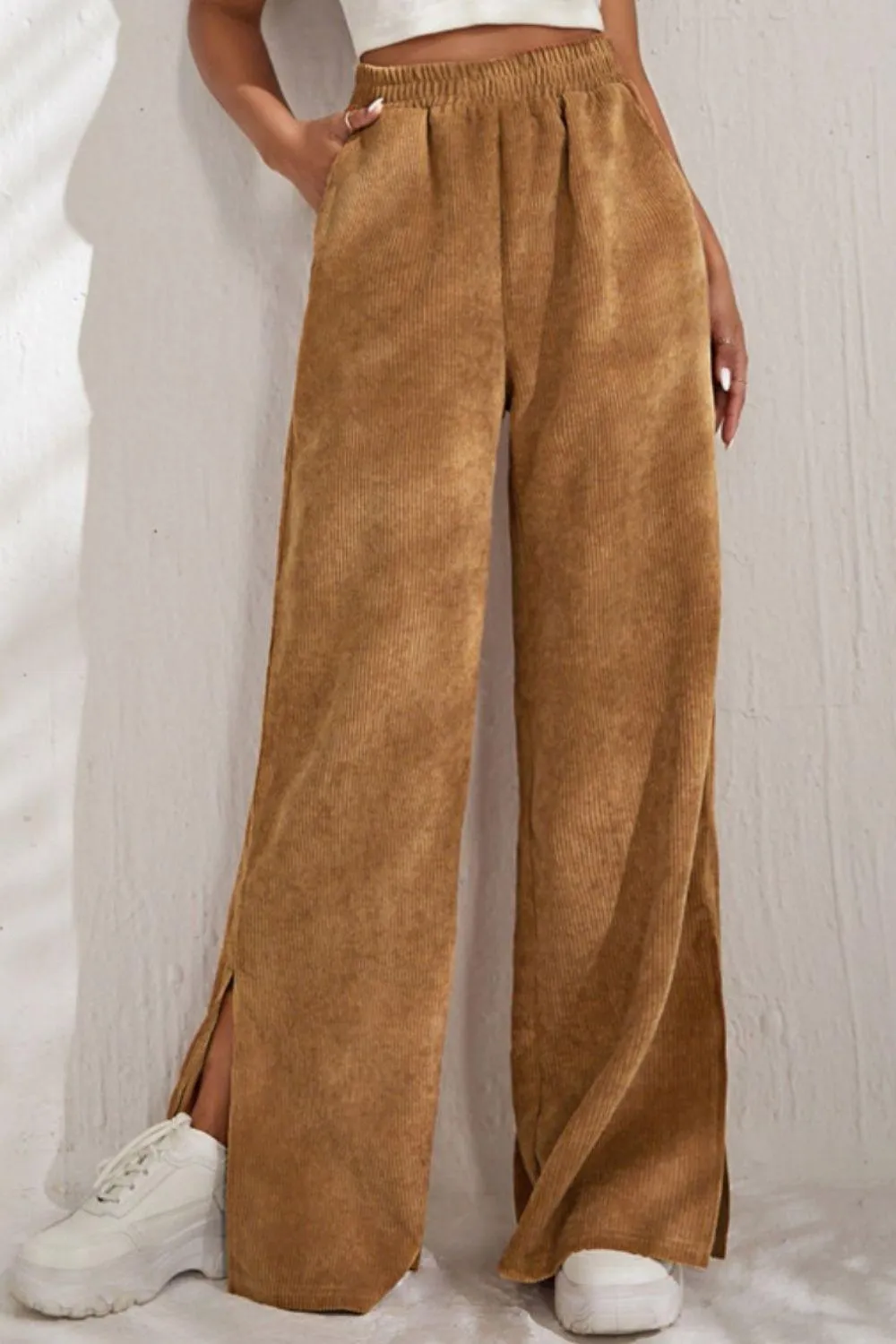 Leisure Chic Slit Elastic Waist Wide Leg Pants