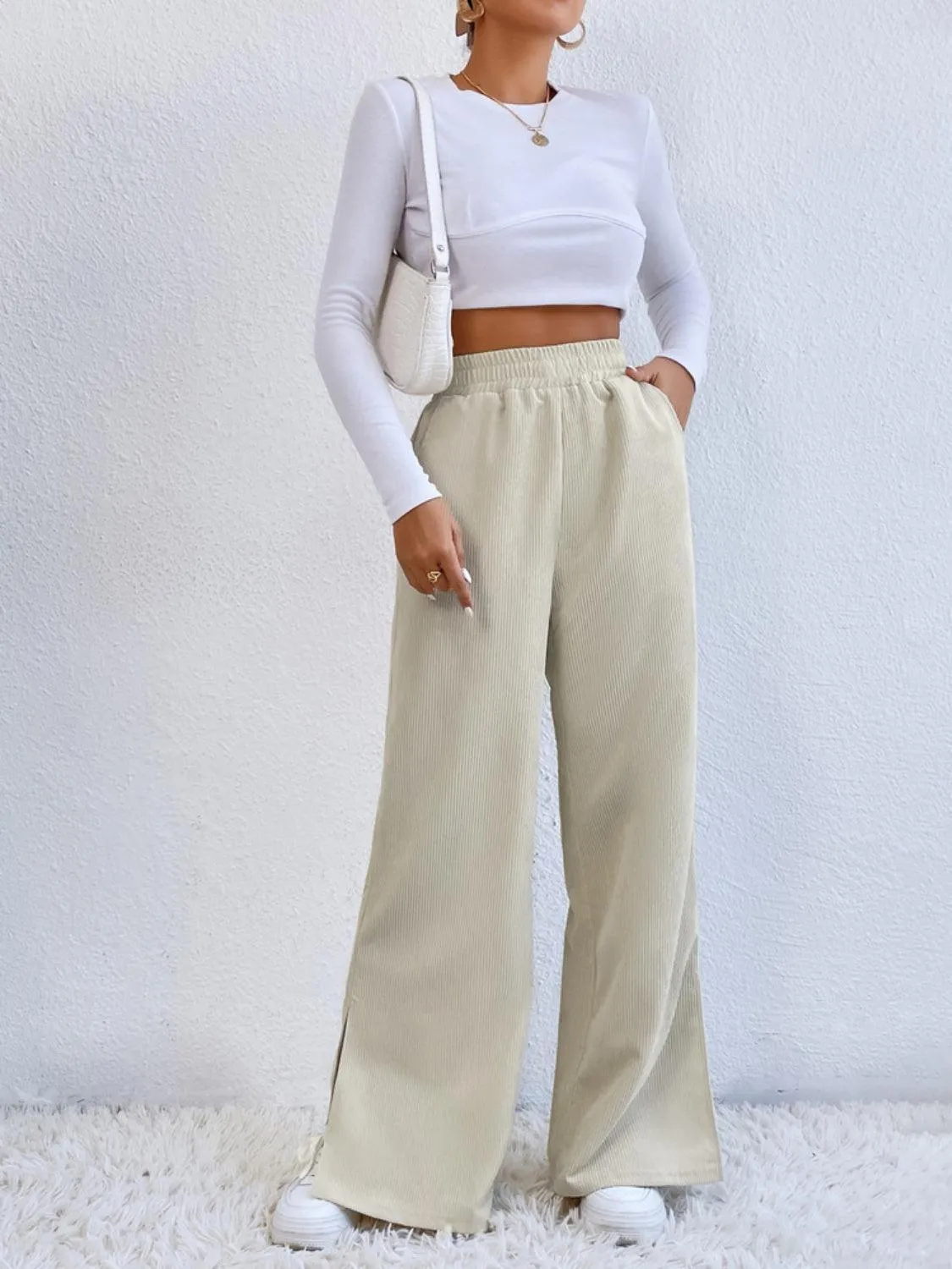 Leisure Chic Slit Elastic Waist Wide Leg Pants
