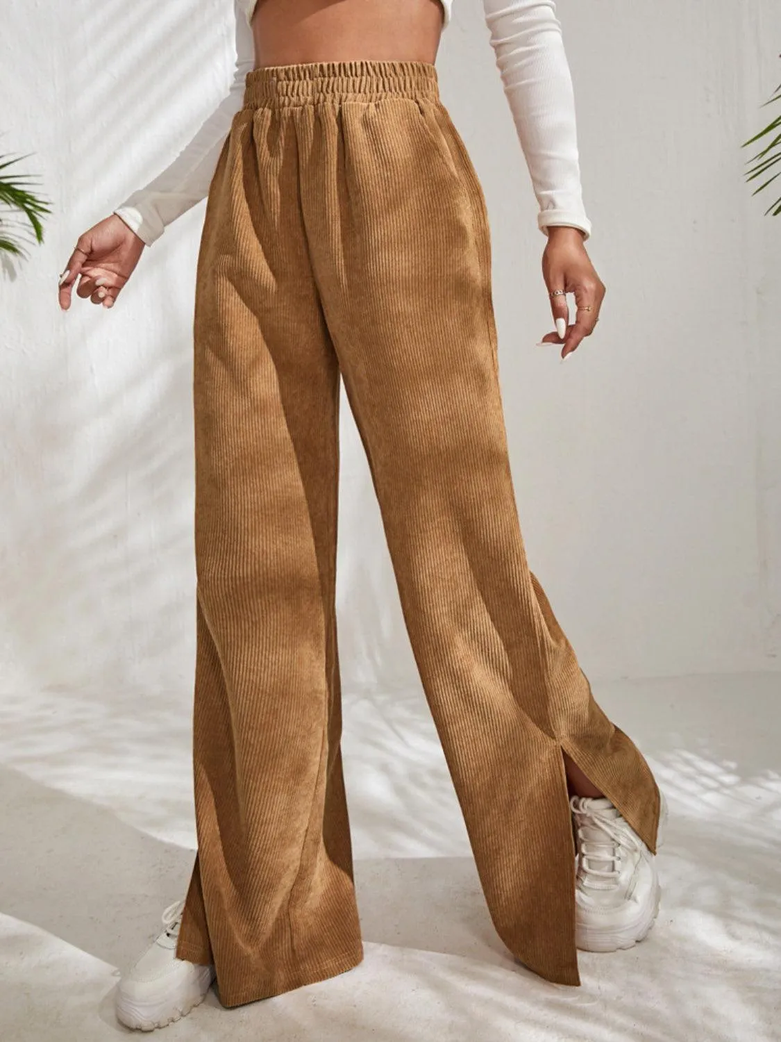 Leisure Chic Slit Elastic Waist Wide Leg Pants