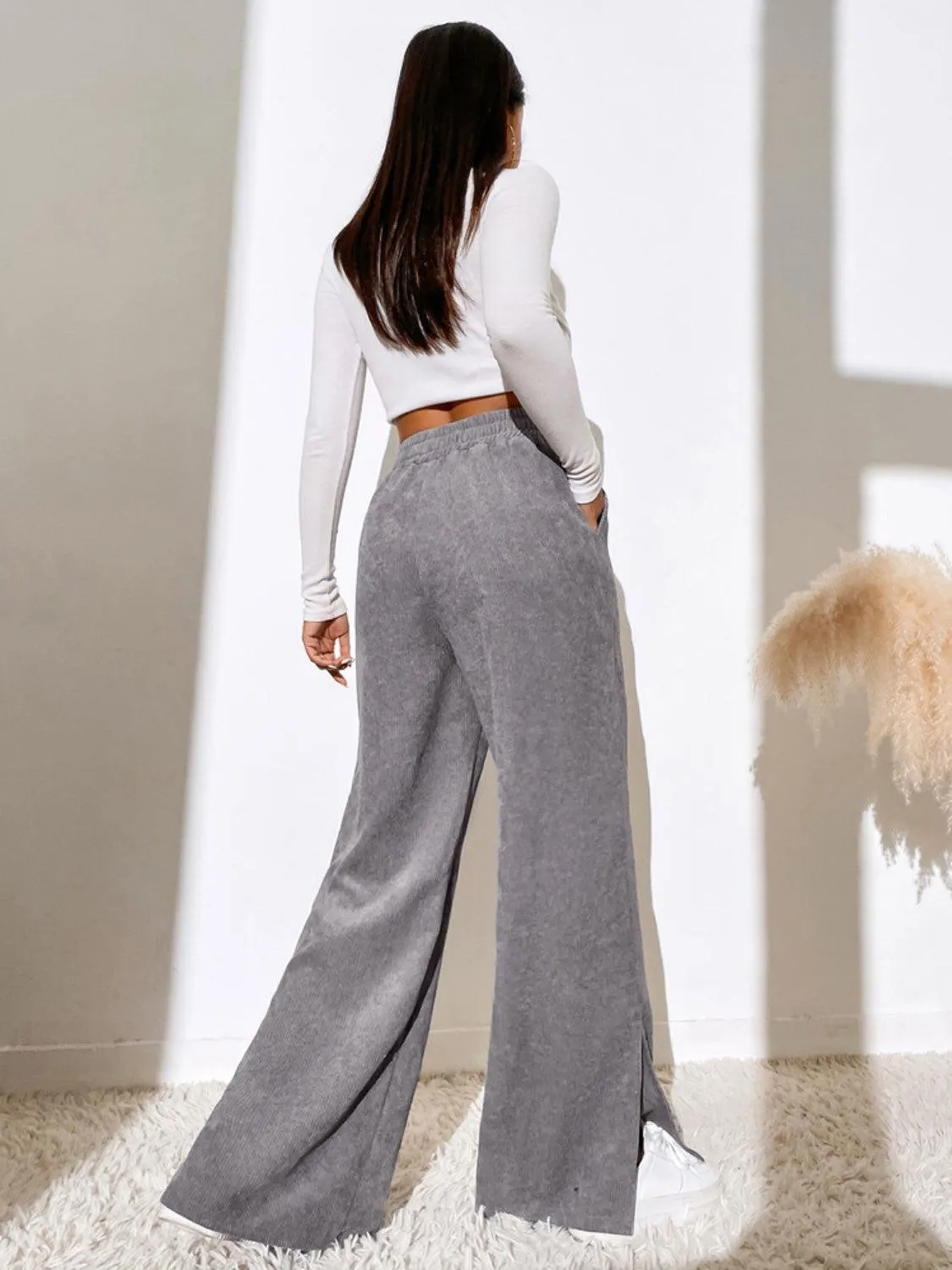 Leisure Chic Slit Elastic Waist Wide Leg Pants