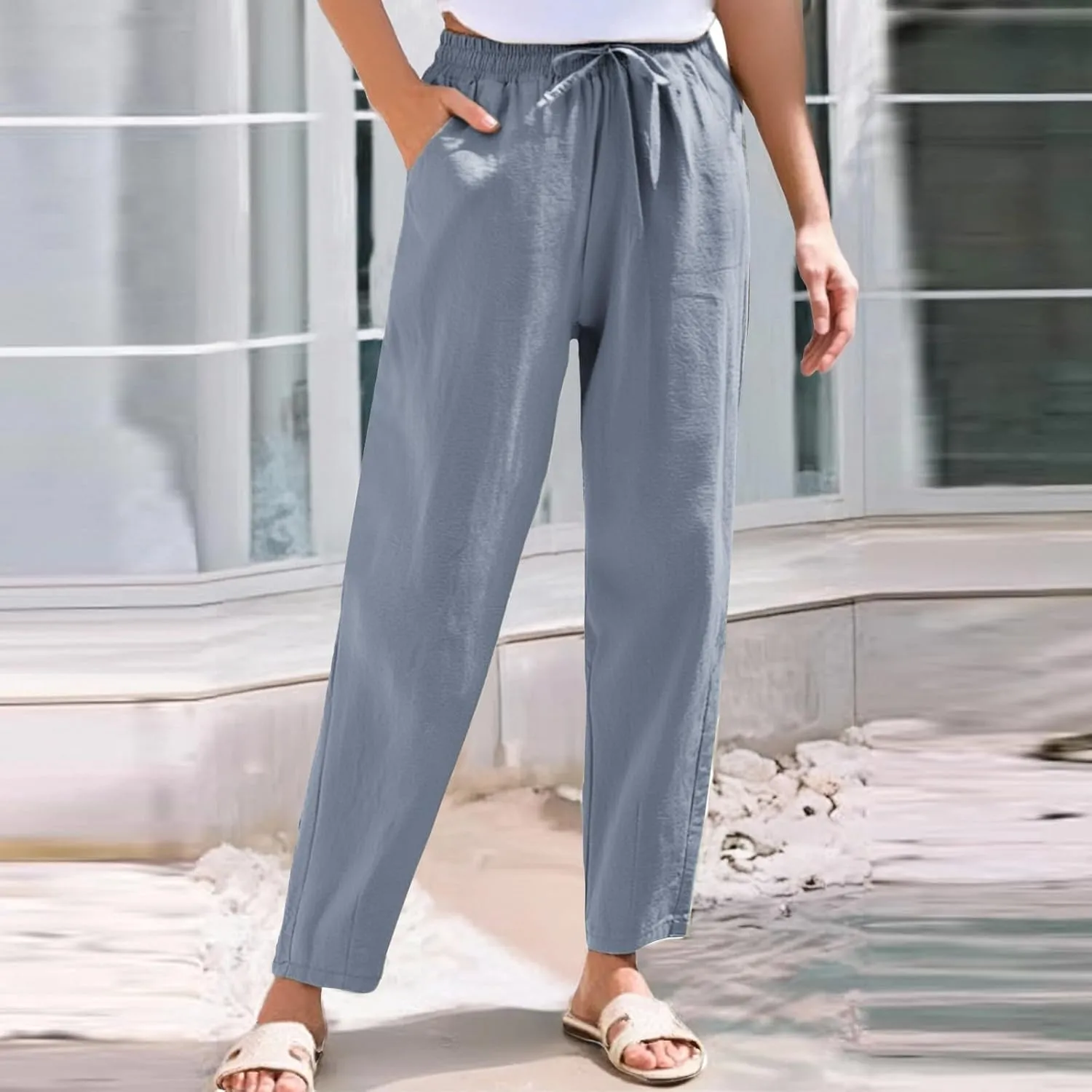 Linen Pants Women Wide Leg Palazzo Pants High Elastic Waisted Lounge Pants with Pockets Drawstring