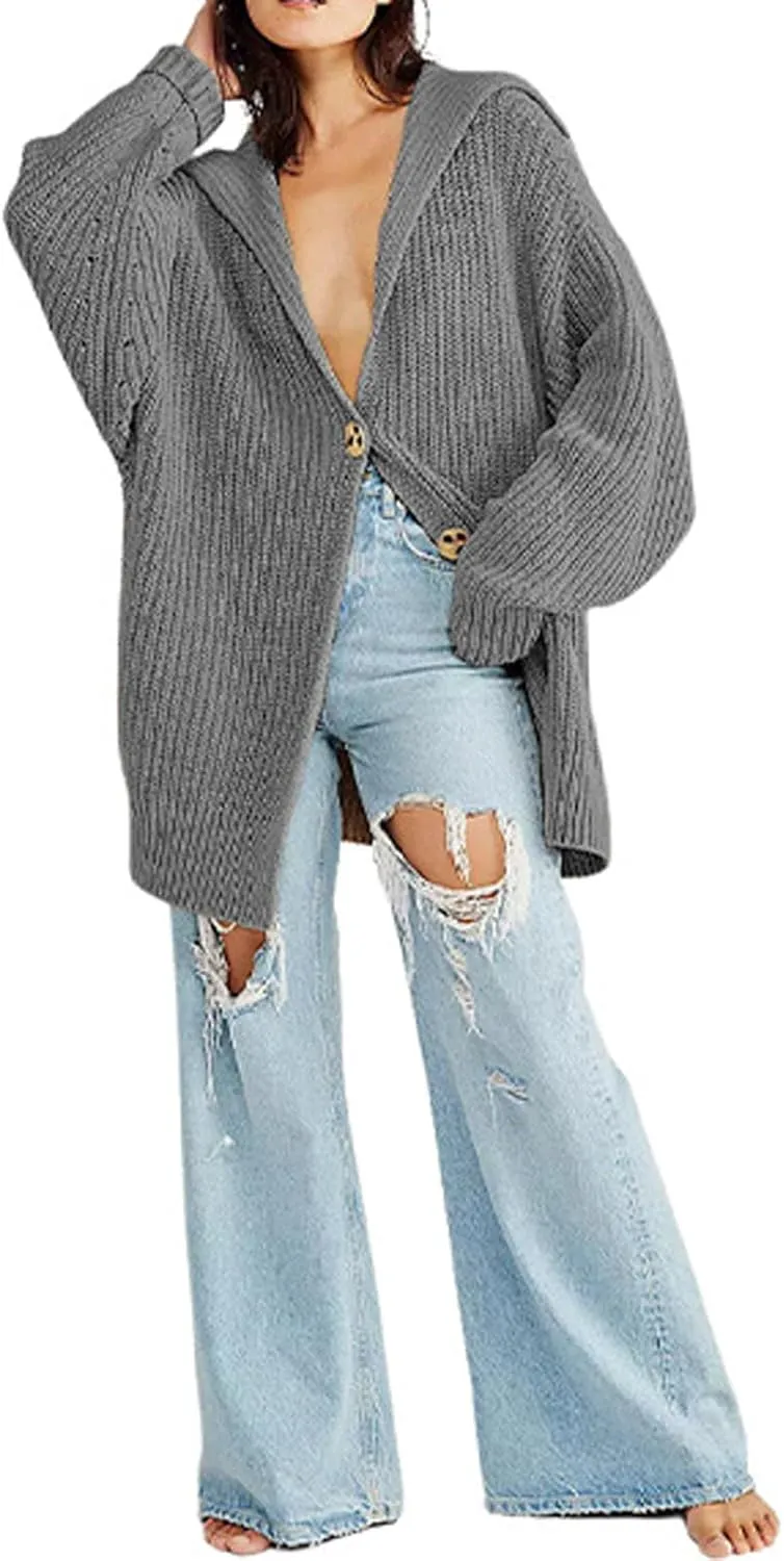 loveimgs Women Oversized Chunky Knit Open Front Cardigan Sweater Button Up Rib Knitted Sweater Jacket Fall Hoodie