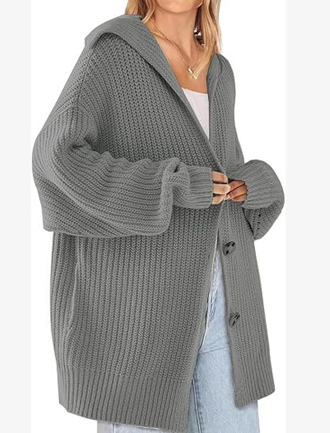 loveimgs Women Oversized Chunky Knit Open Front Cardigan Sweater Button Up Rib Knitted Sweater Jacket Fall Hoodie