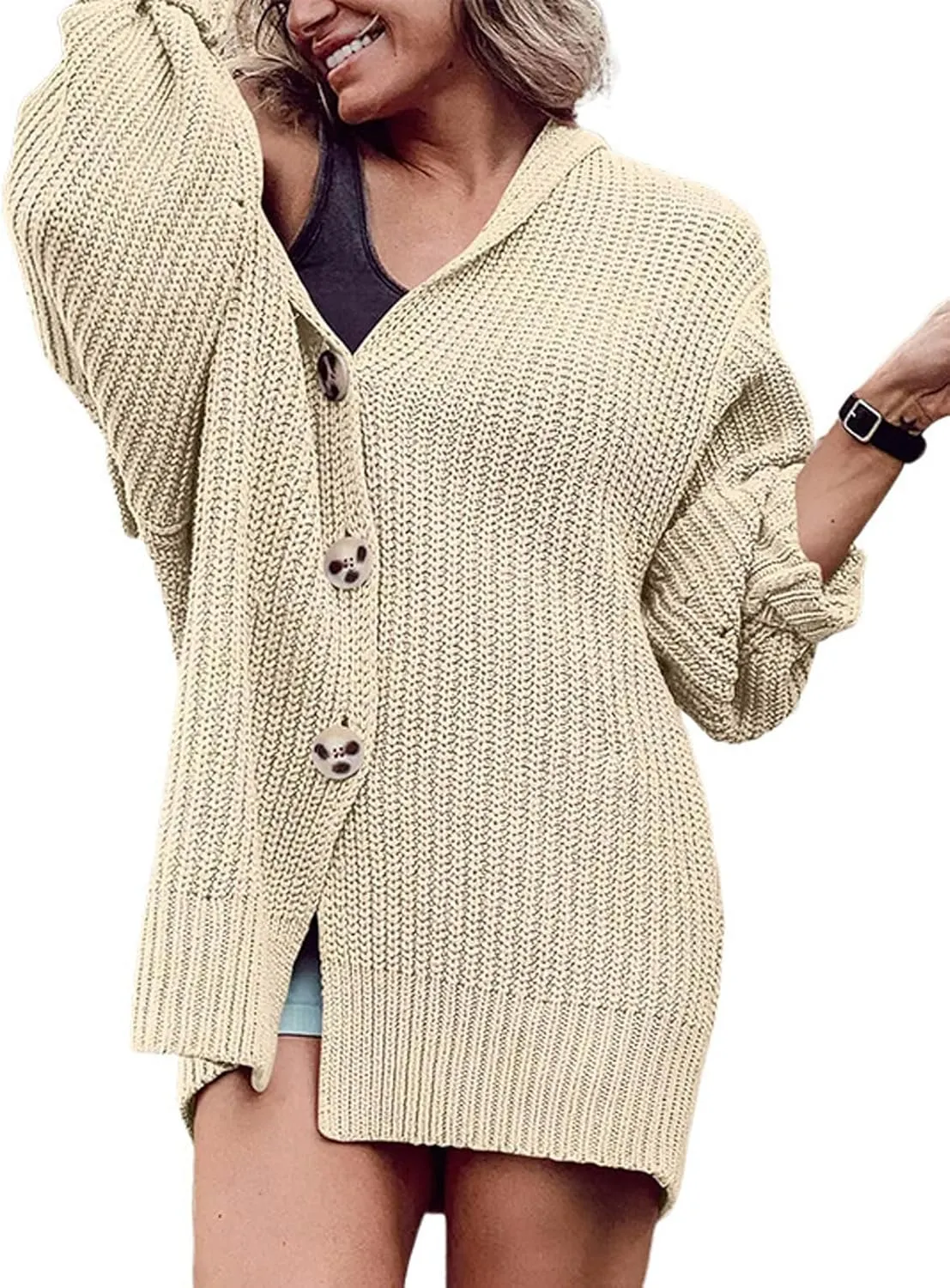 loveimgs Women Oversized Chunky Knit Open Front Cardigan Sweater Button Up Rib Knitted Sweater Jacket Fall Hoodie