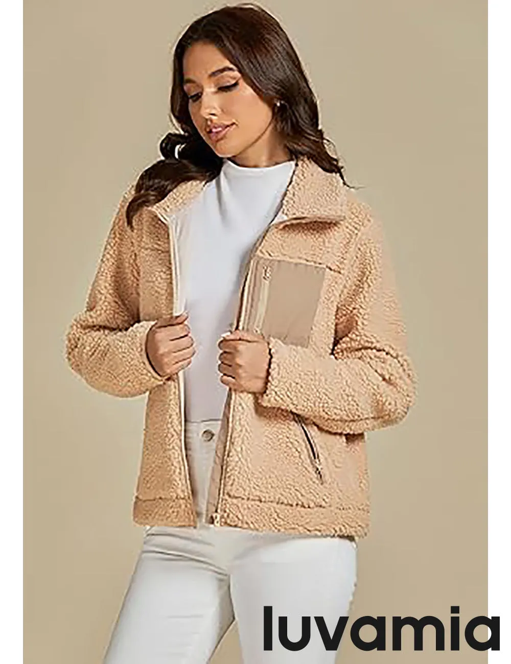 luvamia Jackets for Women Trendy Zip Up Long Sleeve Winter Fall Casual Warm Fleece Coat Jackets with Pockets