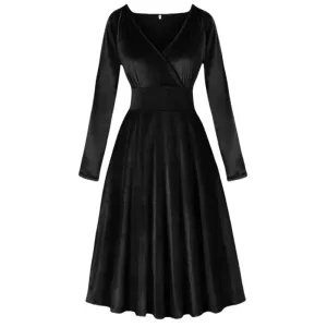 LVSANW Elegant party solid color black velvet temperament V-neck cinched waist slimming versatile long sleeved dress
