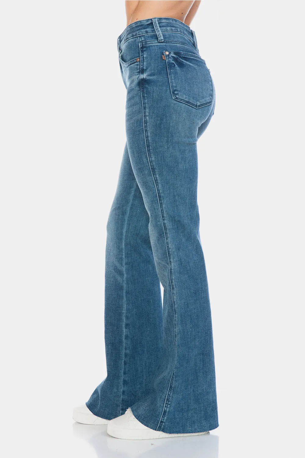 Mazzy Mid Rise Tummy Control Raw Hem Flare Jeans