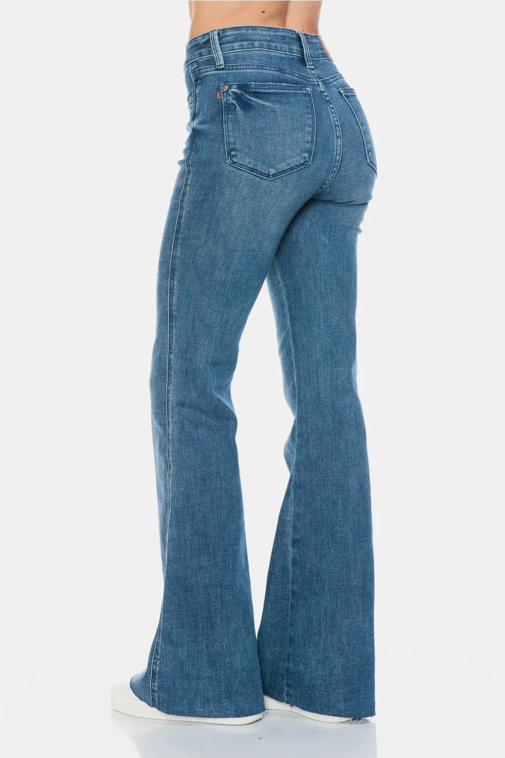 Mazzy Mid Rise Tummy Control Raw Hem Flare Jeans