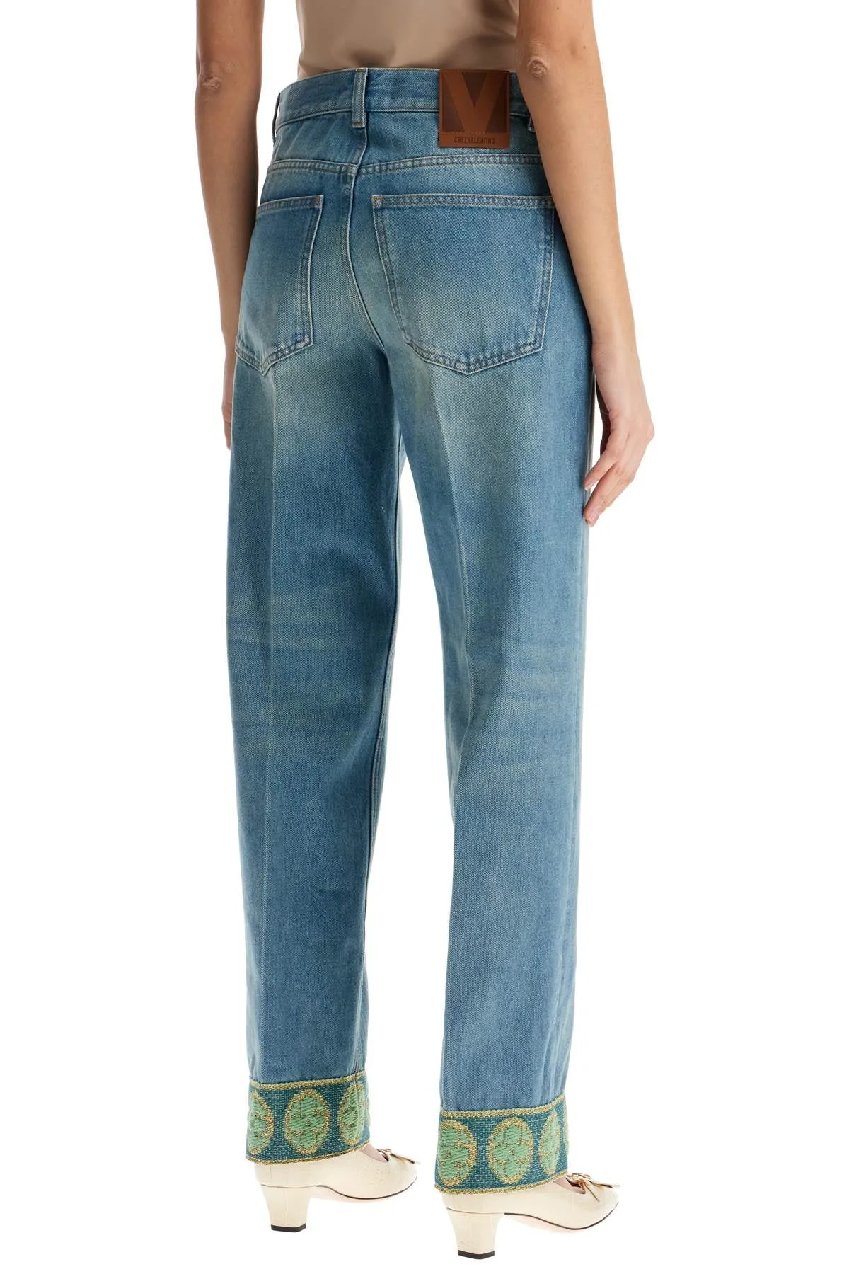 medium blue jeans with green embroidery, straight leg, high waist 6B3DD18X94V MEDIUM BLUE DENIM