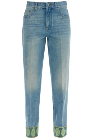 medium blue jeans with green embroidery, straight leg, high waist 6B3DD18X94V MEDIUM BLUE DENIM