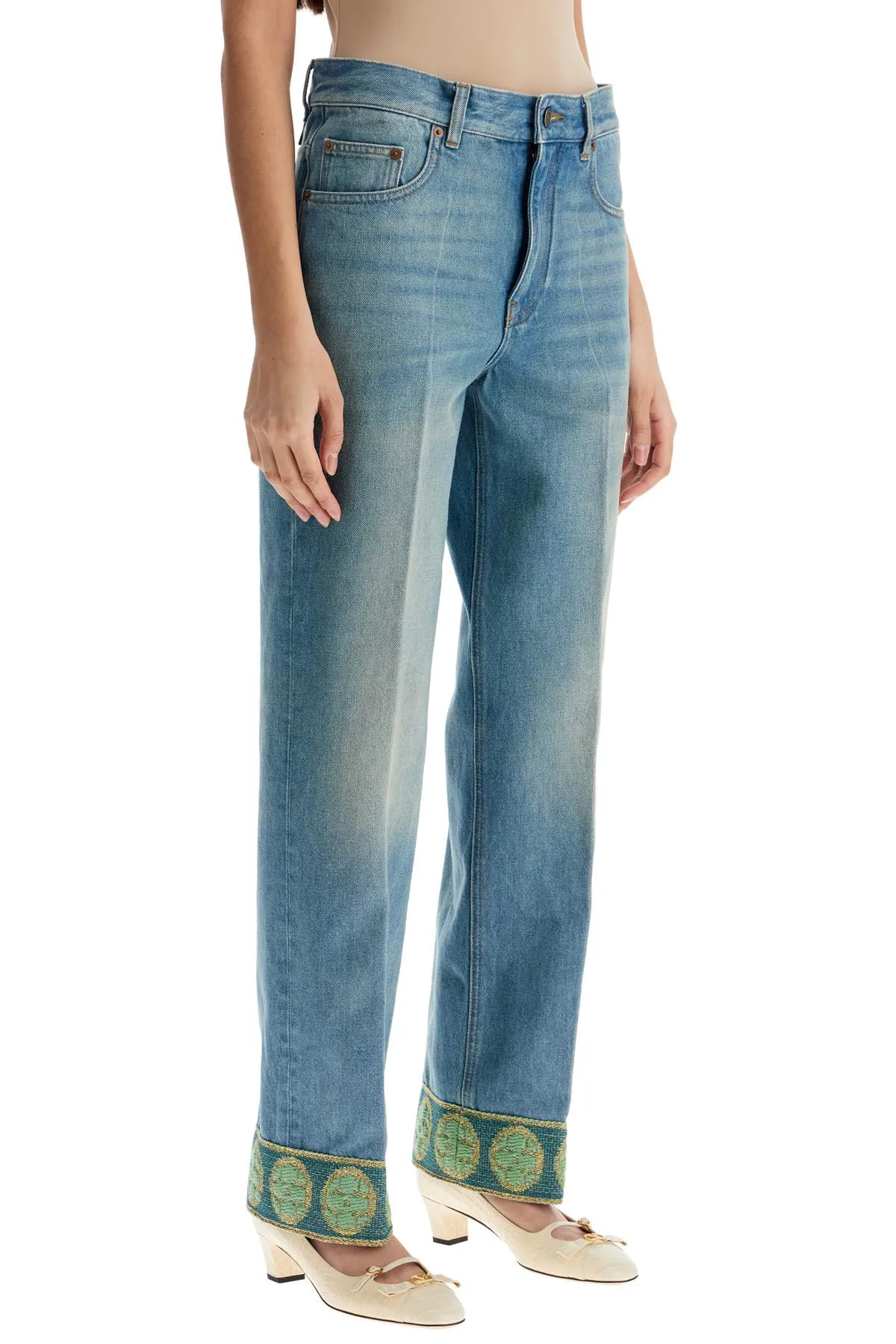 medium blue jeans with green embroidery, straight leg, high waist 6B3DD18X94V MEDIUM BLUE DENIM
