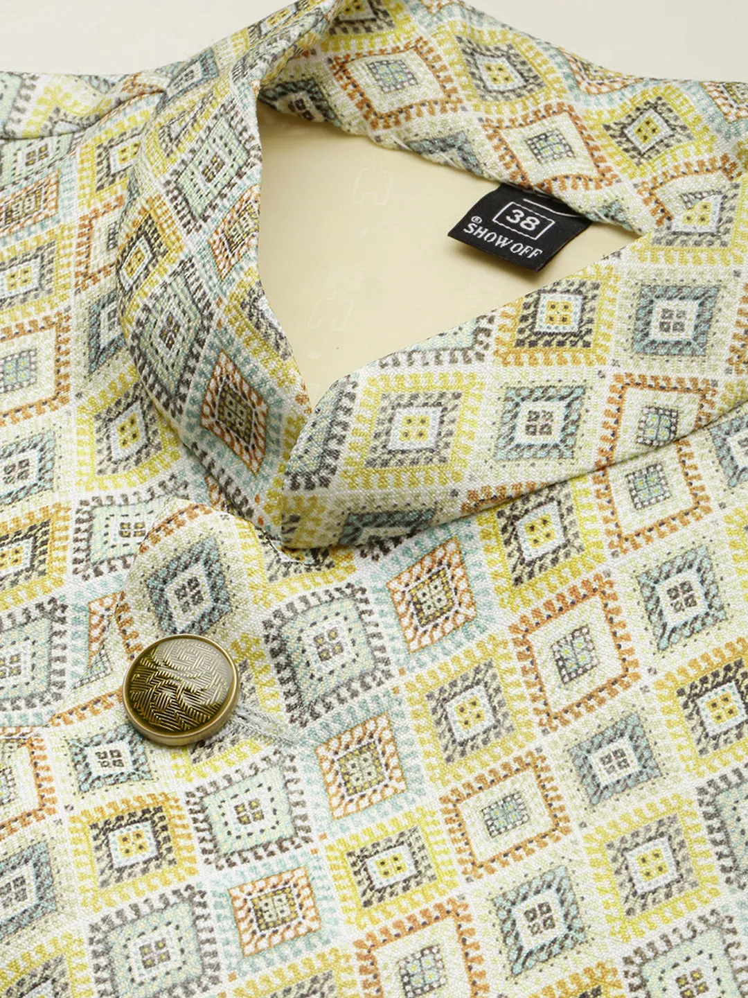 Men Mandarin Collar Printed Lime Green Nehru Jacket