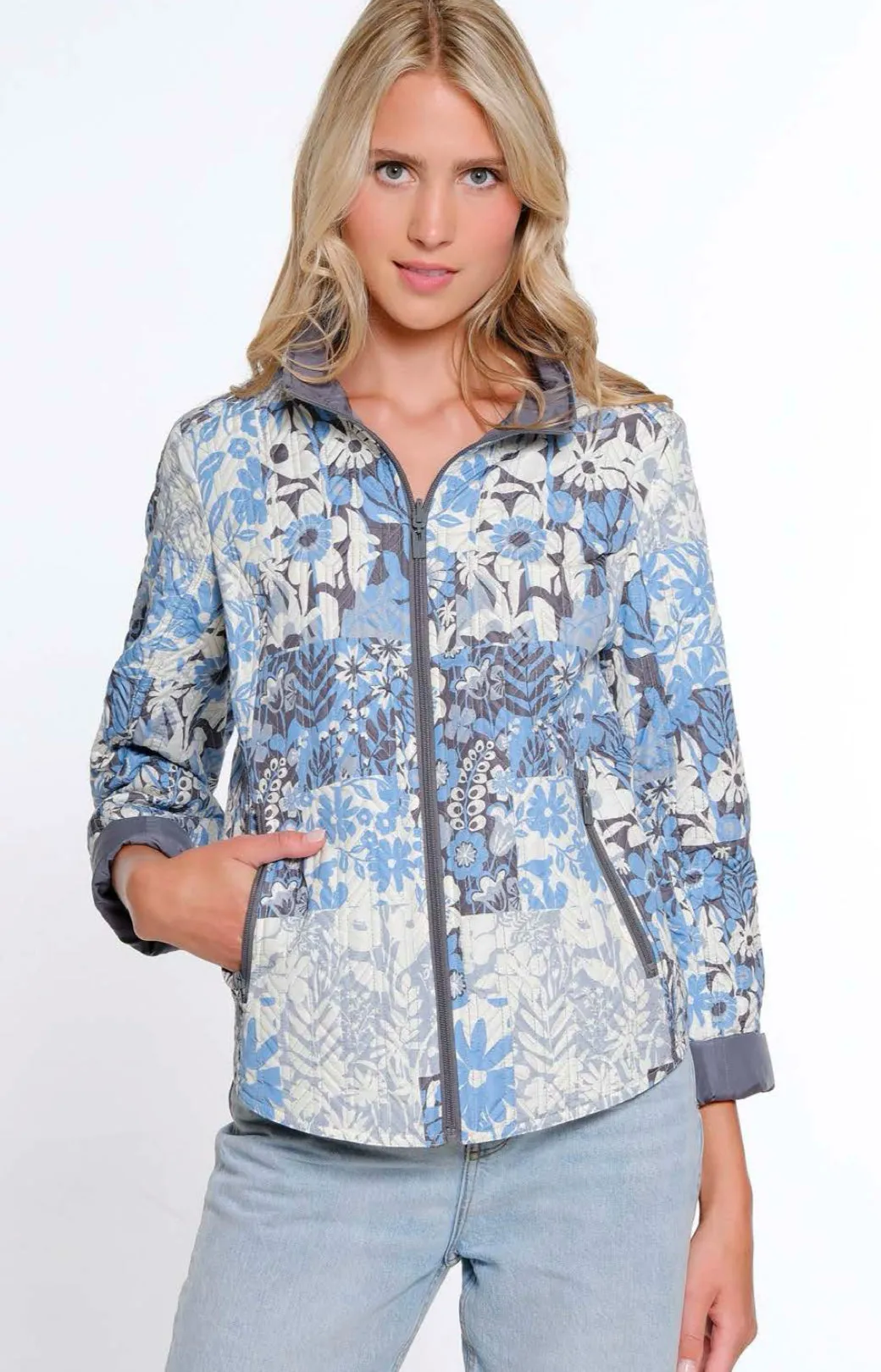 Multiples: Zip Through Collar Quilted Reversible Jacket in Multi M15201JM