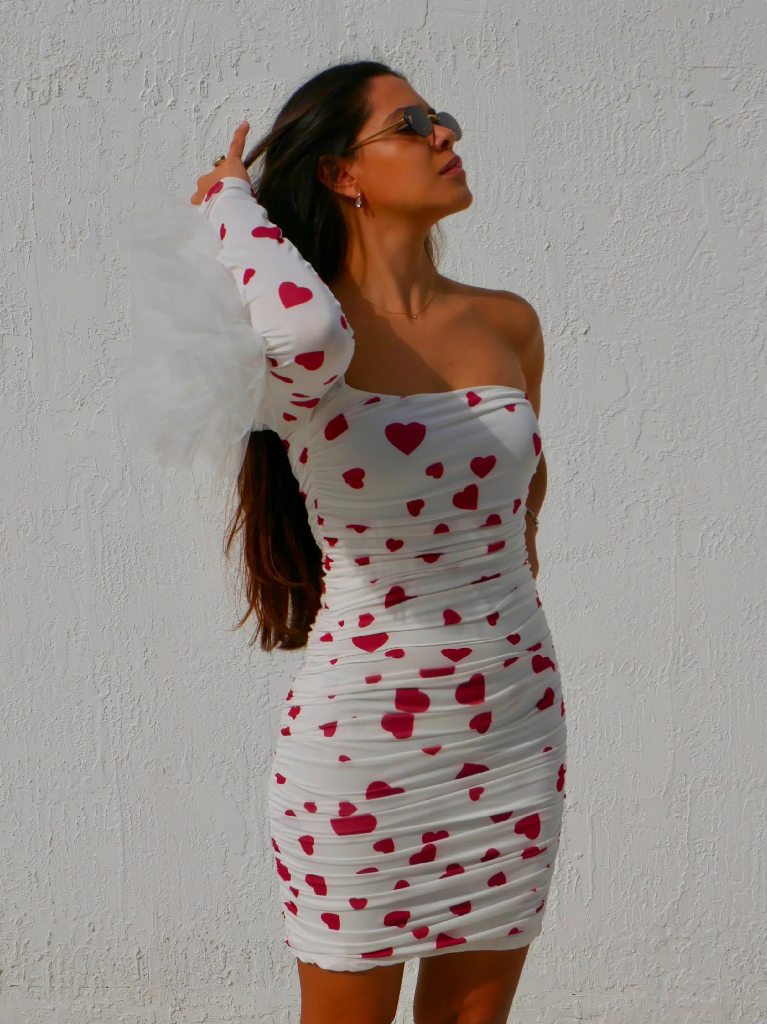 New Women's Cute Valentine's Dress With Red Hearts and Tulle Sleeve