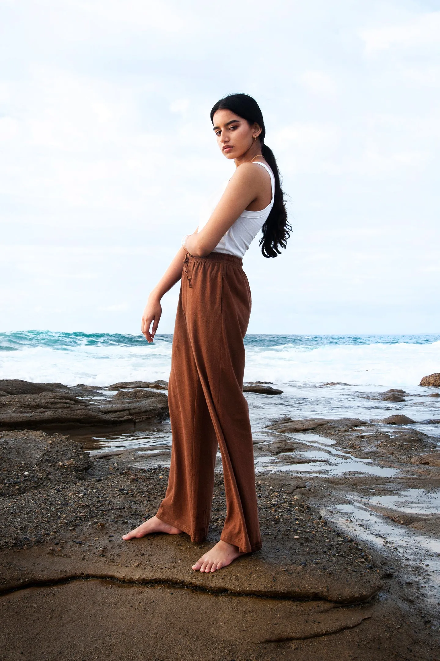 Olga Joan Hemp Drawstring Jersey Pant Umber