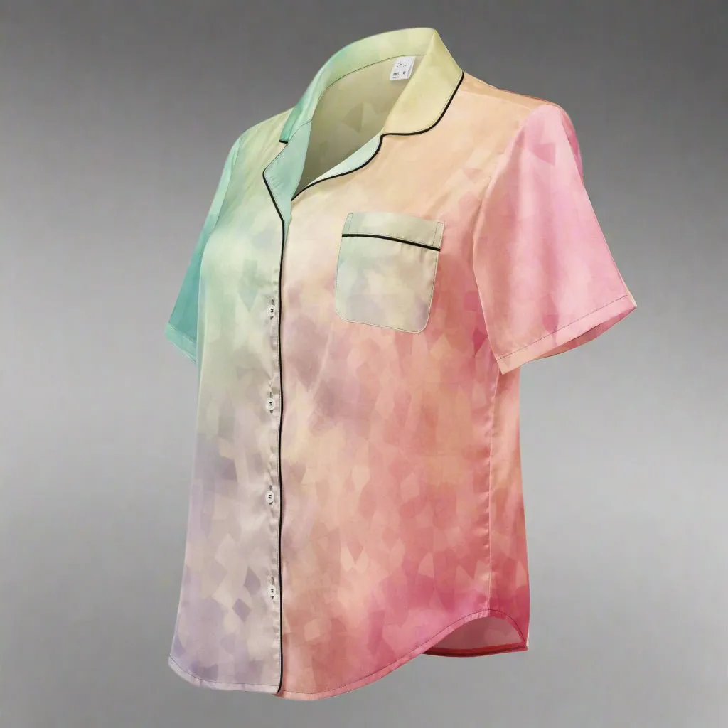 Pastel Rainbow Watercolor Short Sleeve Satin Pajama Top XS-2XL
