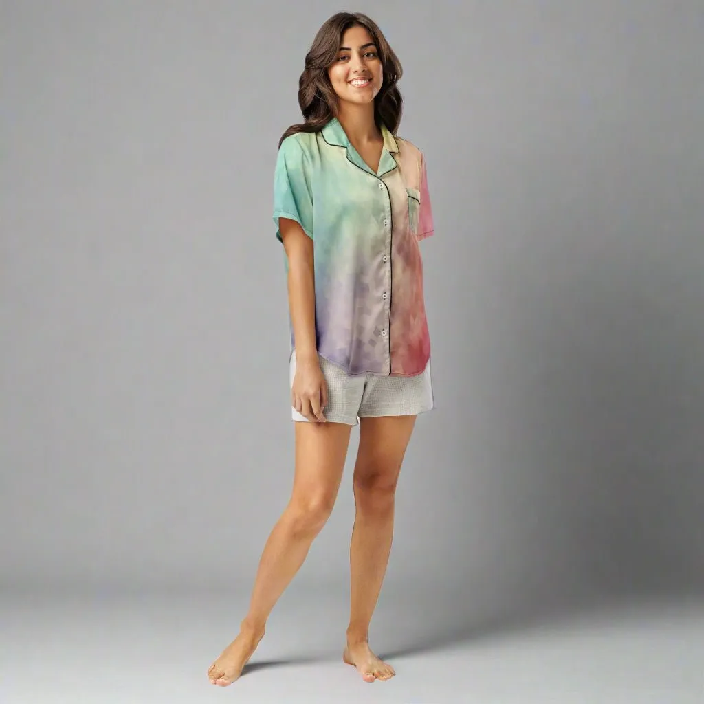 Pastel Rainbow Watercolor Short Sleeve Satin Pajama Top XS-2XL