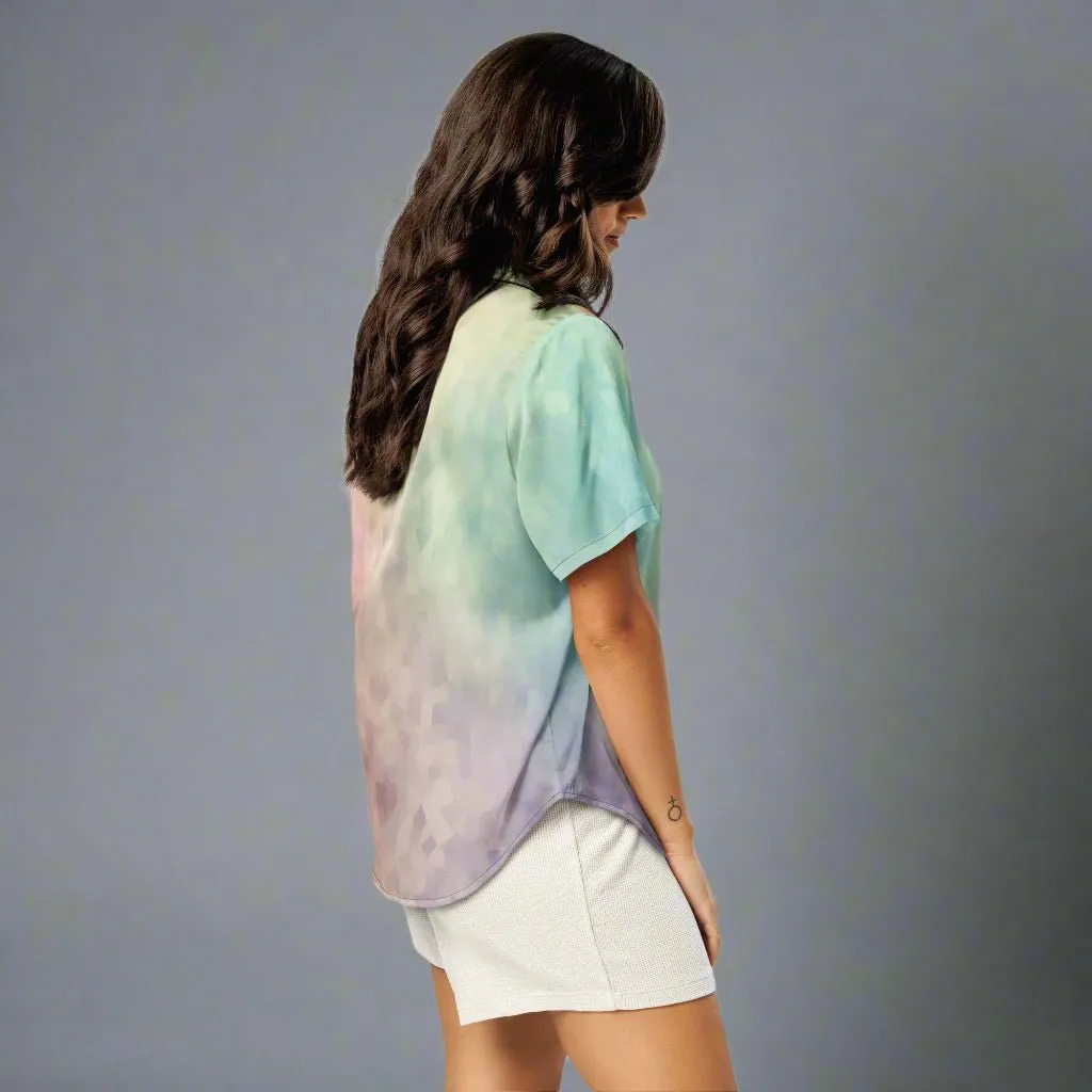 Pastel Rainbow Watercolor Short Sleeve Satin Pajama Top XS-2XL
