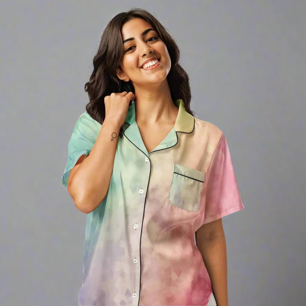 Pastel Rainbow Watercolor Short Sleeve Satin Pajama Top XS-2XL