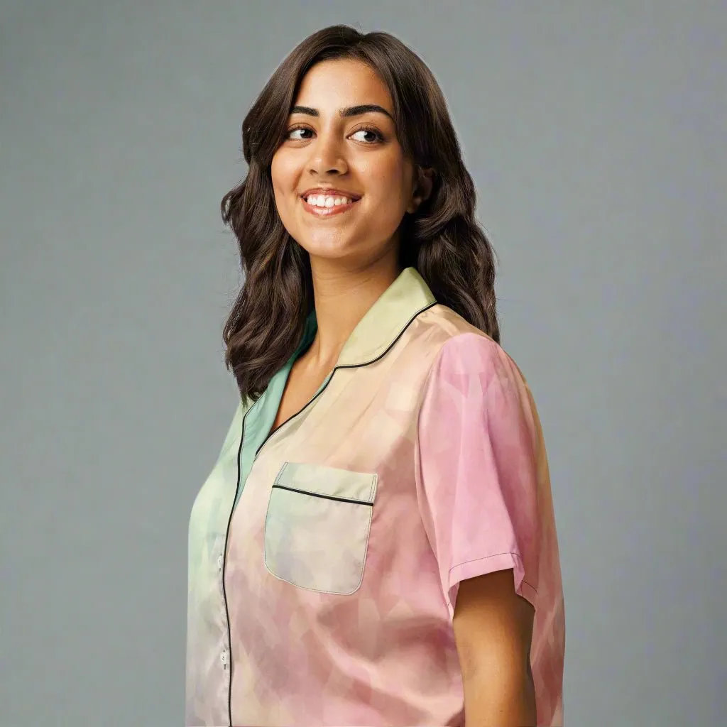 Pastel Rainbow Watercolor Short Sleeve Satin Pajama Top XS-2XL