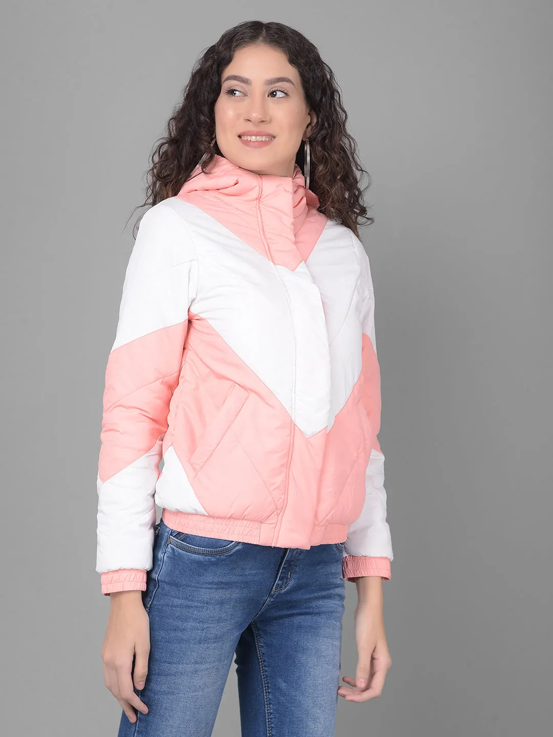 Peach Colourblocked Puffer Jacket With Hood