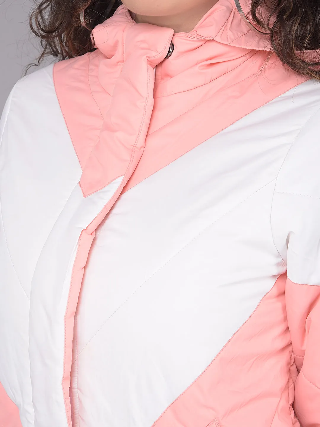 Peach Colourblocked Puffer Jacket With Hood