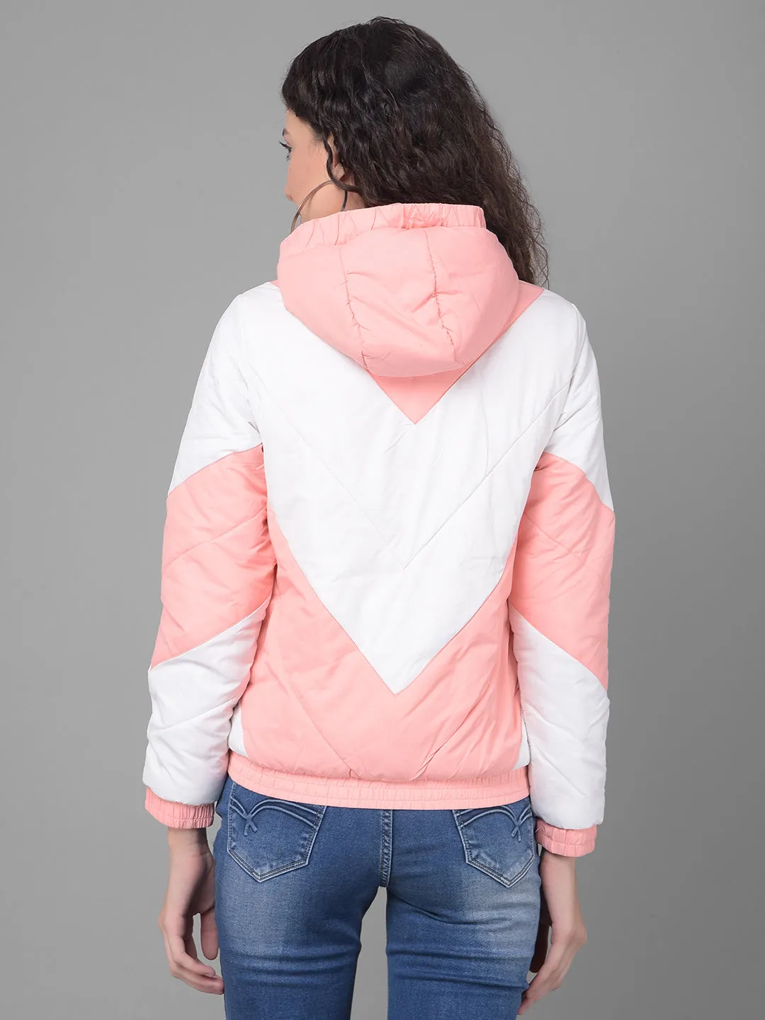 Peach Colourblocked Puffer Jacket With Hood