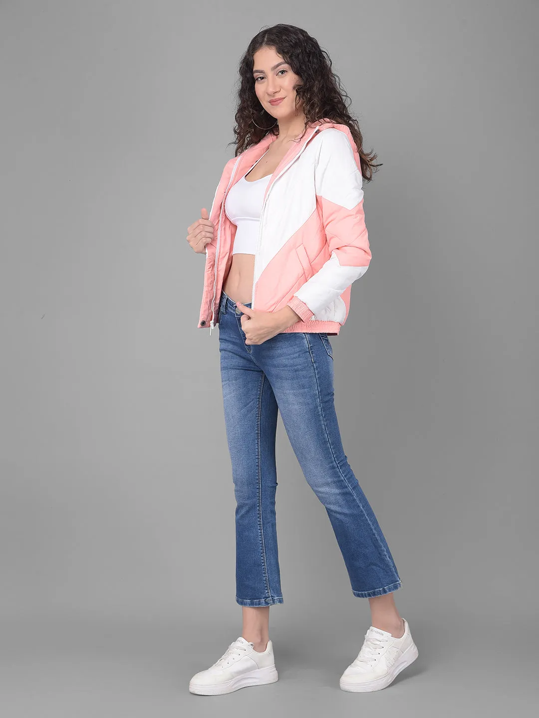 Peach Colourblocked Puffer Jacket With Hood
