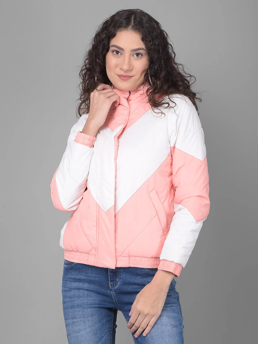 Peach Colourblocked Puffer Jacket With Hood