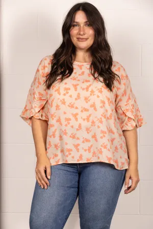 PEACH FLORAL PRINT BELL RUFFLED SLEEVES PLUS SIZE TOP TP2029