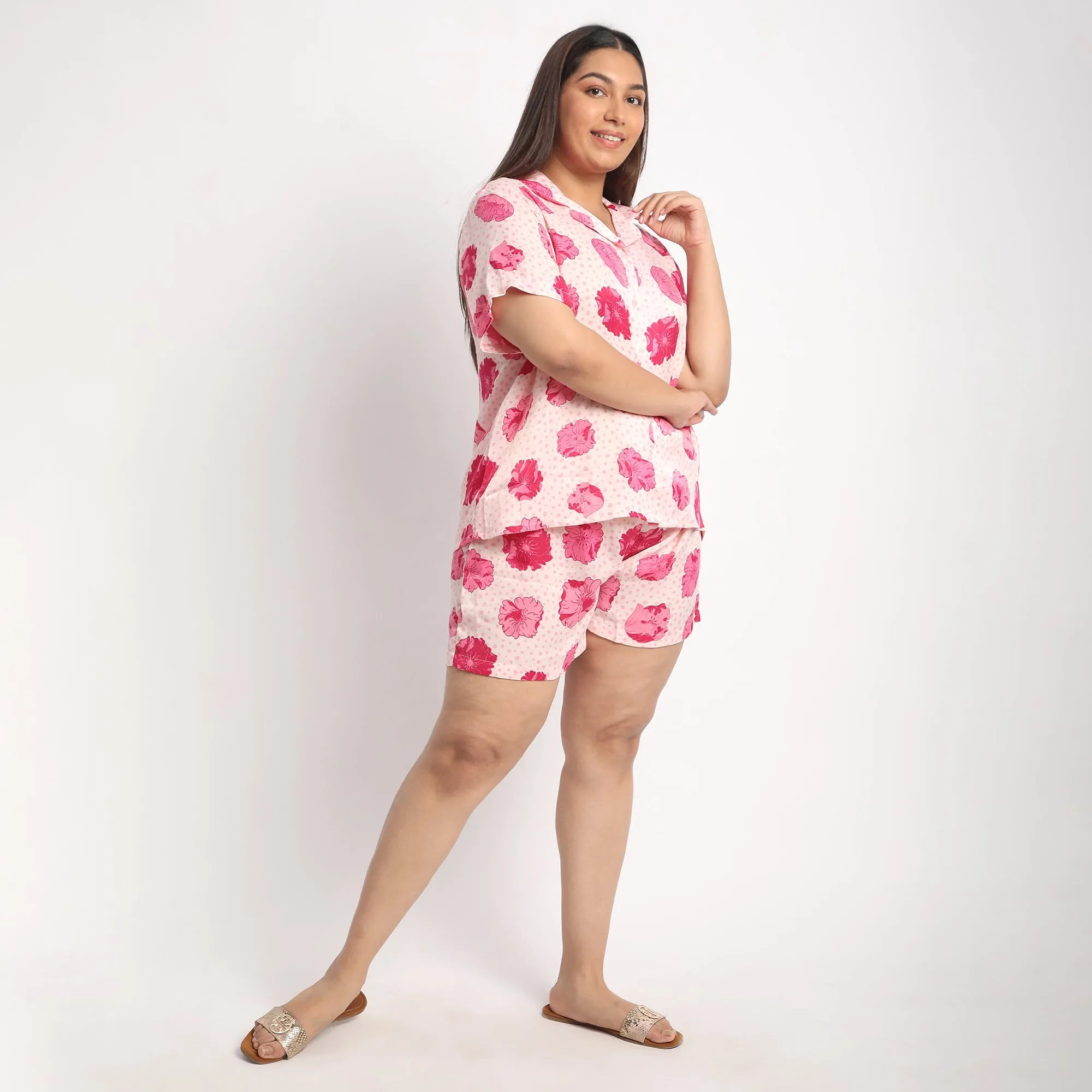 Pink Floral Print Velvet Satin Plus Size Short Set