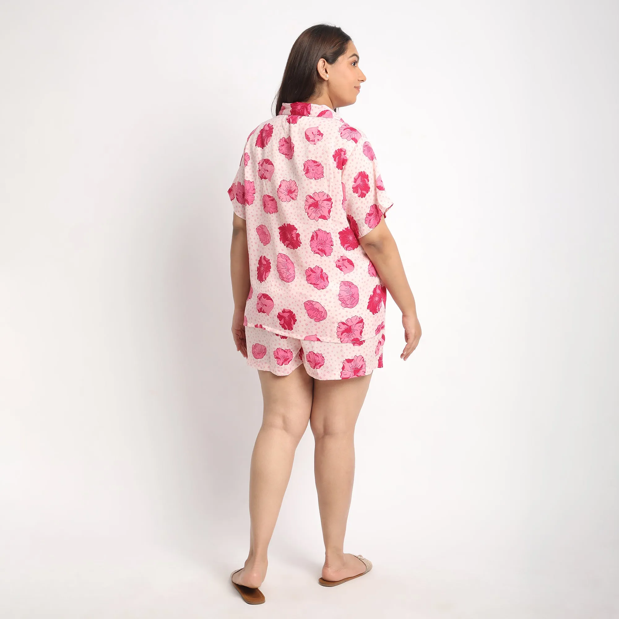 Pink Floral Print Velvet Satin Plus Size Short Set