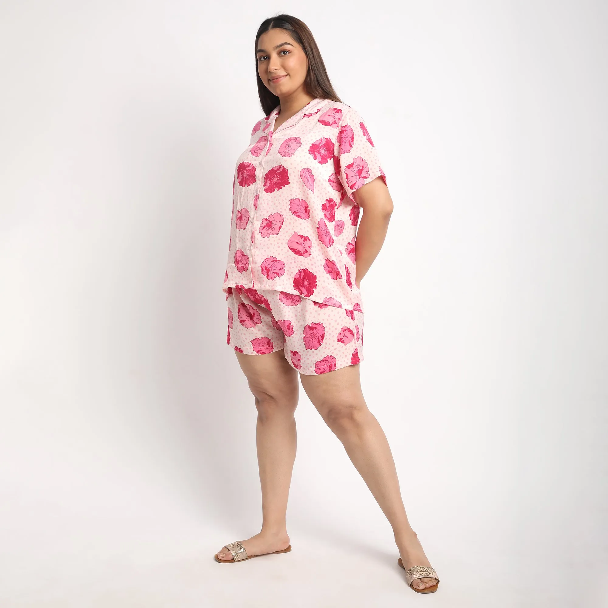 Pink Floral Print Velvet Satin Plus Size Short Set